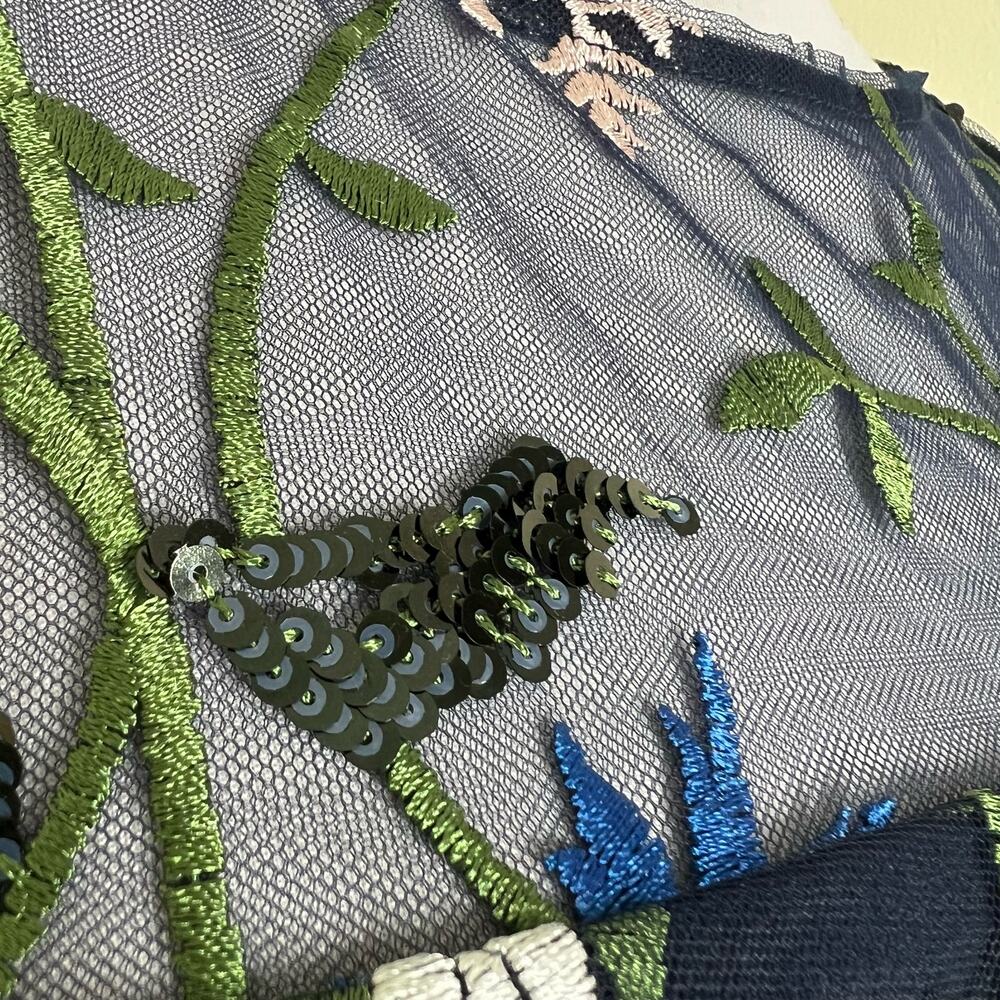 JS Collections Amira Popover Tea Dress 2 XS Floral Embroidered Midi Sequin Navy - Picture 11 of 13